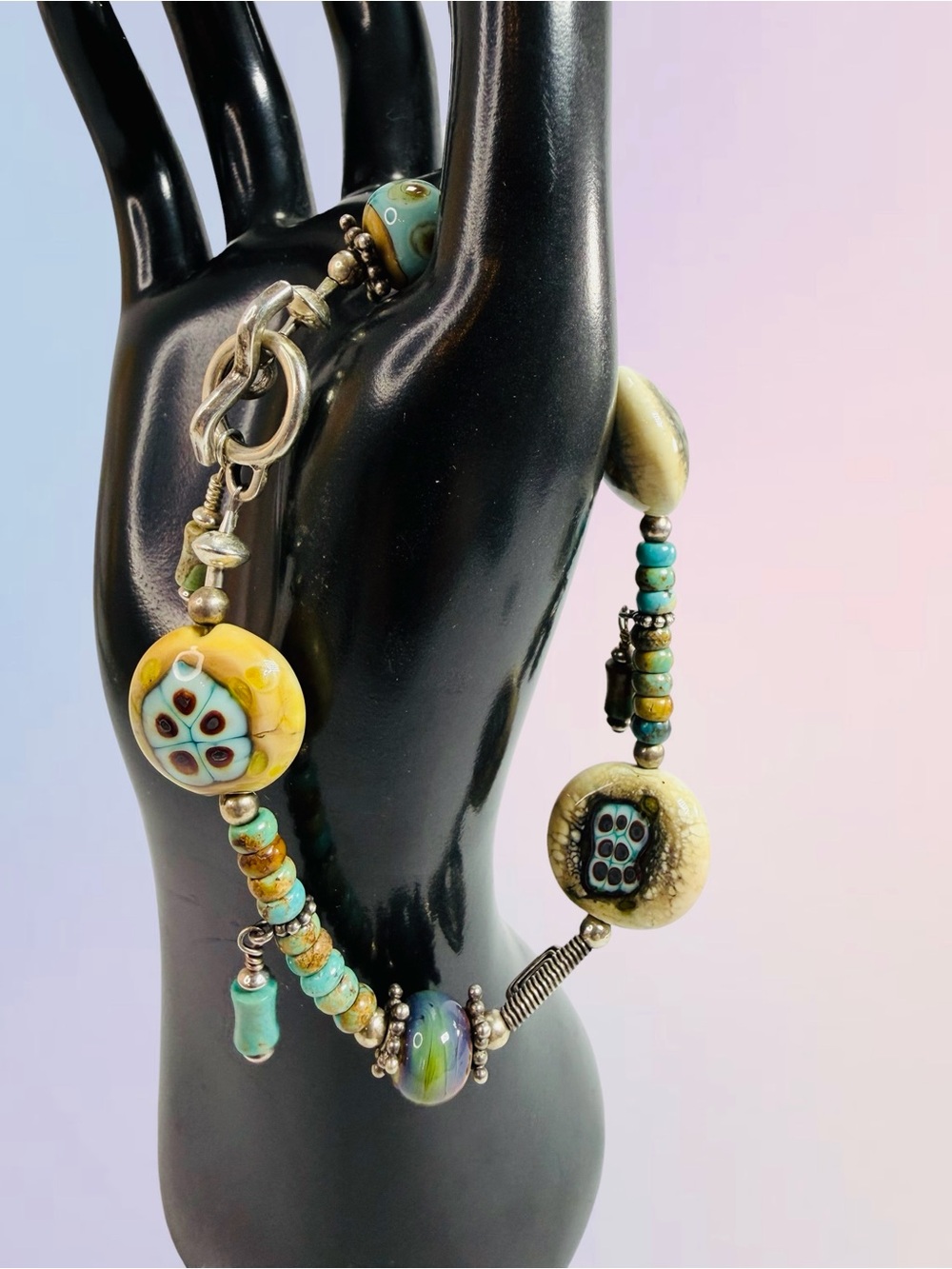 Sterling Silver Multi Stone Boho Tibetan Style Turquoise Bracelet Toggle Close